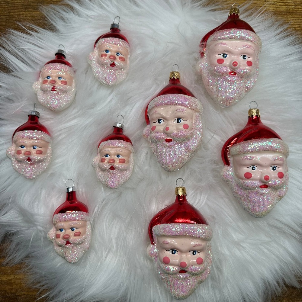 Vintage Columbia Glass Santa Head Christmas Ornaments Set of 9 Glitter Red White